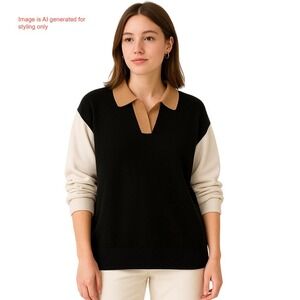 Tahari Woman 3X Colorblock V Neck Knit Sweater Pullover‎ Long Sleeve Black Tan